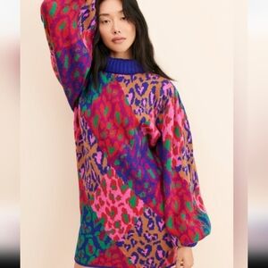 Farm Rio Mixed Leopard Pop Sweaterdress Multi Size L NWT